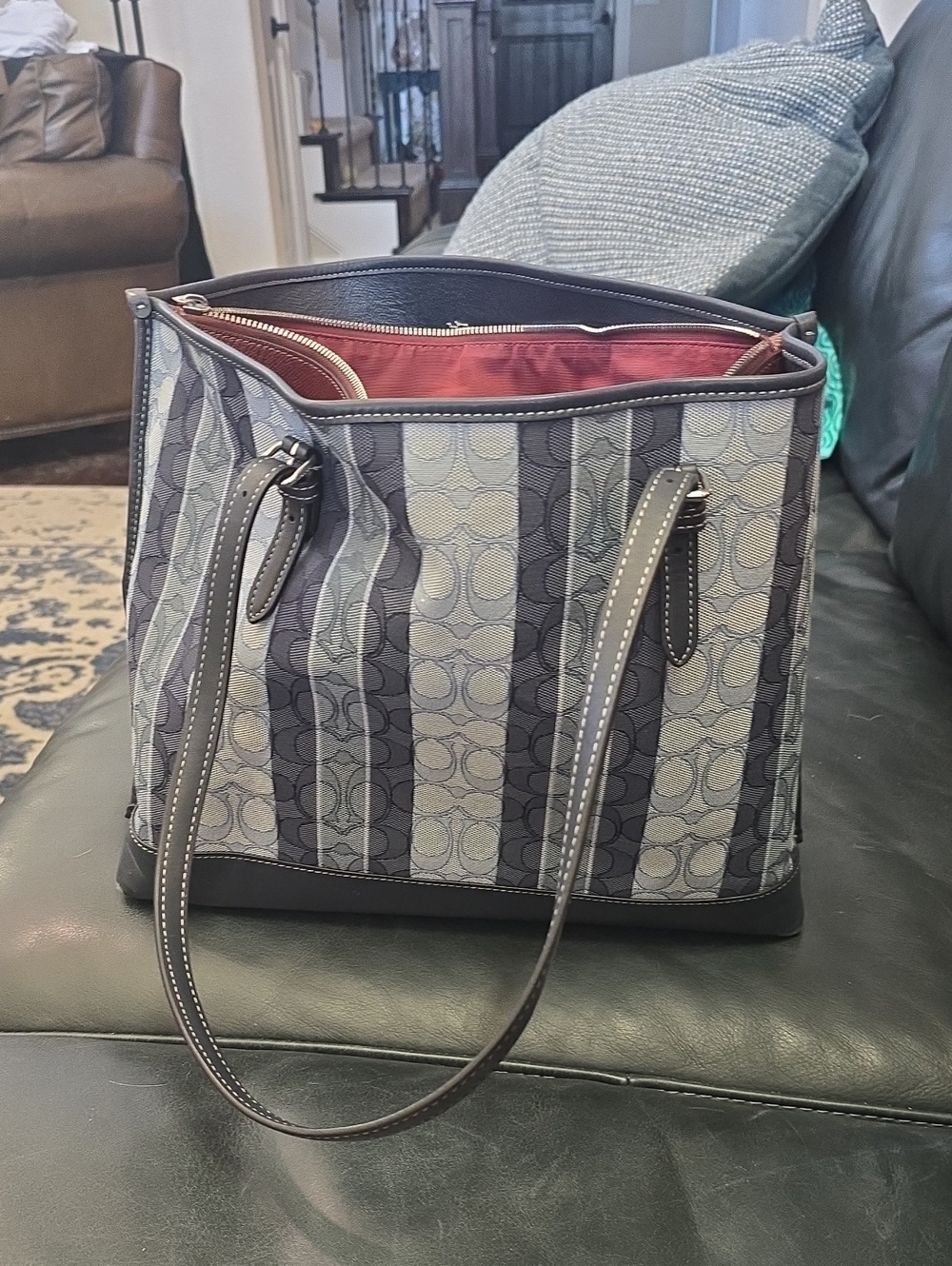 0Coach Light & Dark Blue Signature Stripe Tote with Burgundy Interior